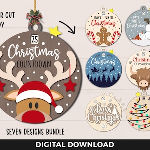 Lot de Noël compte à rebours SVG, décorations de Noël, Svg de la journée jusqu'à Noël, boule Svg, Svg calendrier de l'Avent, fichiers découpés au laser, Glowforge