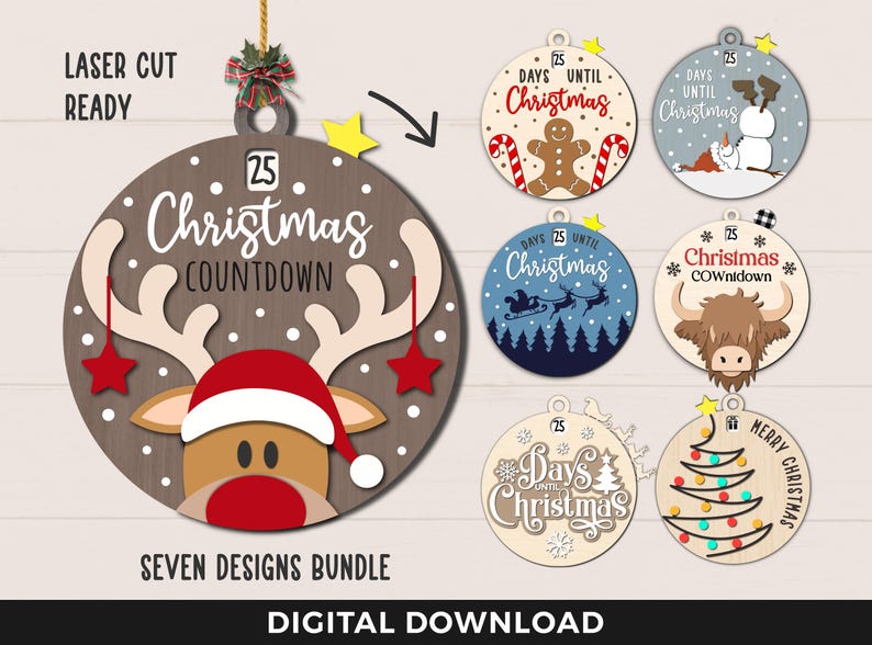 May include: A set of seven digital download designs for laser cut Christmas ornaments. The designs include a reindeer, a gingerbread man, a snowman, a highland cow, a Christmas tree, a snowflake design, and a Christmas countdown design.