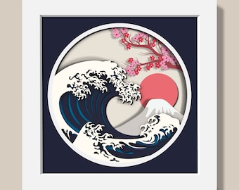3D Great Wave Shadow Box Svg, Japan Great Wave layered SVG, 3D Cherry Blossom Svg, Ocean svg, Japanese svg, Cricut