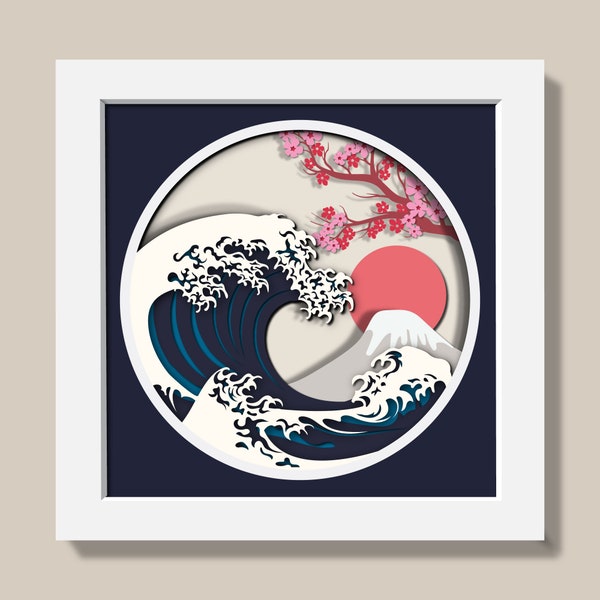 3D grande vague Shadow Box Svg, grande vague du Japon en couches SVG, Svg 3D de fleurs de cerisier, océan svg, svg japonais, Cricut