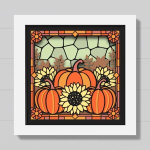Caja de sombras de vidrio manchado de calabaza 3D Svg, caja de sombras de girasol, hojas de otoño 3D florales, Svg de otoño, Svg de corte de papel en capas, Cricut, Silhouette