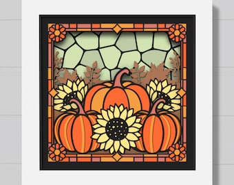 3D Pumpkin Stained Glass Shadow Box Svg, Sunflower Shadow Box, 3D Fall Leaves Floral, Autumn Svg, Layered Papercut Svg, Cricut, Silhouette