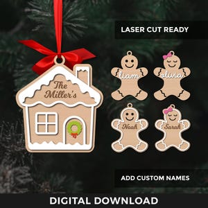 Ornement de Noël en pain d'épice, Svg, maison de bonhomme en pain d'épice, ornement de nom de famille personnalisé, cookie Svg, décorations d'arbre, fichiers découpés au laser