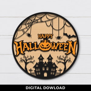 Happy Halloween Door Hanger Svg, Pliki do cięcia laserowego na Halloween, Pająk nietoperz Svg, Dynia jesienna Svg, Znak dekoracji drzwi wejściowych Svg, Pliki dla Glowforge