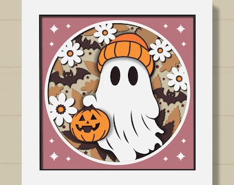 Cute Ghost Pumpkin Shadow Box Svg, 3D Floral Ghost with Bats Svg, Fall Leaves Svg, Cute Halloween Decor, Layered Papercut Svg, Cricut