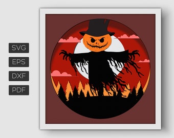 3D Scarecrow Shadow Box Svg, Halloween Pumpkin Shadow Box Svg, Fall Shadow Box, Layered Papercut, Farm SVG, Files For Cricut and Silhouette