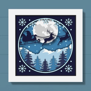 Svg 3D Santa Renne, Shadow Box Noël, Svg paysage d'hiver, pin sapin, traîneau, modèle Papercut en couches, pour Cricut