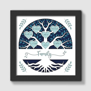 Caja de sombras de árbol genealógico 3D personalizable Svg, caja de sombras con nombres personalizados, caja de sombras familiar, regalo perfecto para aniversario, día de la madre, Cricut
