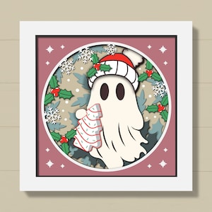 3D niedlicher Geist Weihnachten Shadow Box svg, 3D Weihnachtsbaum Kuchen svg svg Winterblätter svg, niedliche Weihnachtsdekore, Layered Papercut, Cricut