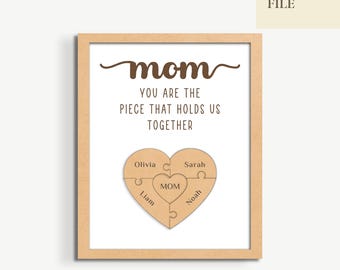 Mother's Day Heart Puzzle Laser Svg , Mom Puzzle Piece Laser File, Personalized Door Hanger Sign, Custom Names, Glowforge, Family Laser Gift