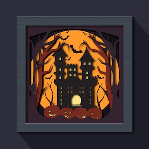 Scary Home Halloween Shadow Box Svg, Halloween Wall Art Shadowbox, Layered Paper Cut, DIY Home Decor, Pumkins Bats svg, 3D Halloween Svg