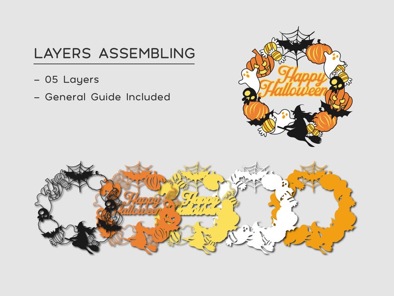 May include: Five layered Halloween wreath with orange, yellow, white and black elements. The wreath features pumpkins, ghosts, bats, candy, a witch and the text "Happy Halloween".