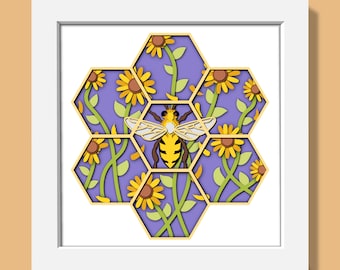 3D Biene Sonnenblume Shadow Box zwart, Frühling Schattenbox, Honigbiene 3D svg, Honigkamm 3D svg, 3d Blume geschichtete svg, Cricut Silhouette