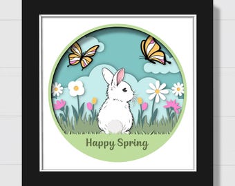3D スプリング シャドー ボックス SVG、イースター バニー シャドー ボックス SVG、花と蝶 SVG、デイジー SVG、レイヤー ペーパーカット SVG、Cricut 用、シルエット
