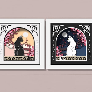 Svg 3D Yin Yang Cats, Svg 3D de fleurs de cerisier, Svg de chats mystiques, papier découpé en couches floral, fichiers Shadow Box pour Cricut, Silhouette
