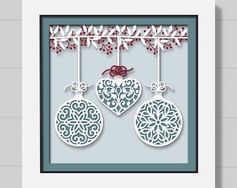 3D Christmas Baubles Shadow Box Svg, Winter Ornaments Svg, Christmas Decorative Leaves Svg, Layered Papercut Template, For Cricut