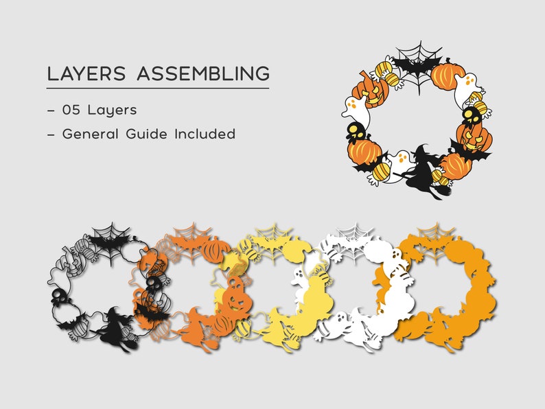 May include: Five layered Halloween wreath with orange, yellow, and white paper cutouts of pumpkins, ghosts, bats, and a witch. The text "LAYERS ASSEMBLING" is at the top of the image. The text "05 Layers" and "General Guide Included" are below the title.