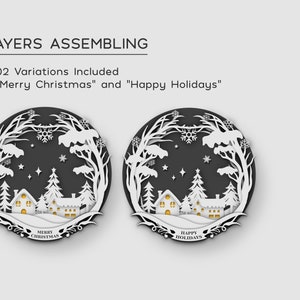 May include: Two paper cut-out designs of a winter village scene with trees, houses, and snowflakes. One design says "Merry Christmas" and the other says "Happy Holidays".