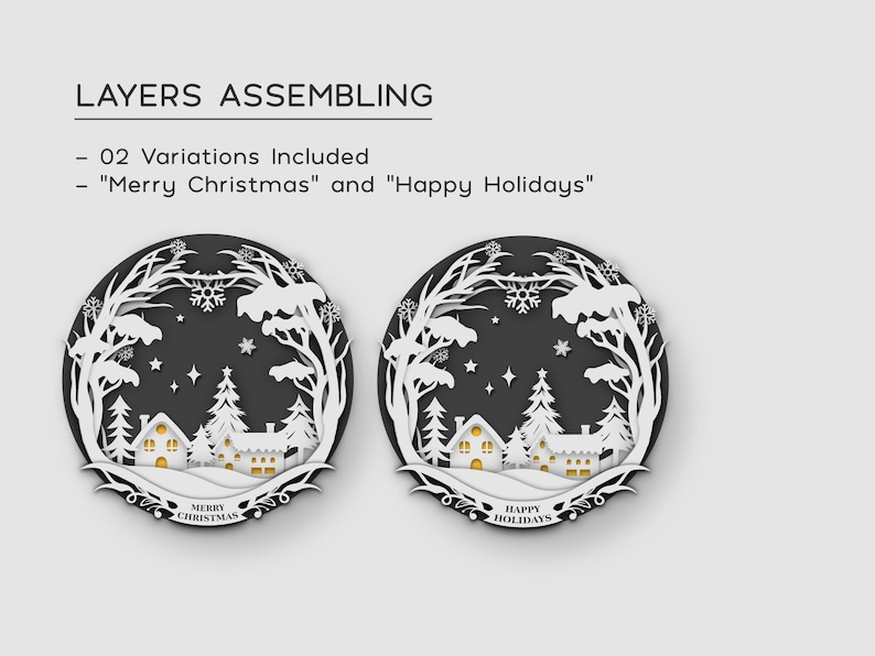 May include: Two paper cut-out designs of a winter village scene with trees, houses, and snowflakes. One design says "Merry Christmas" and the other says "Happy Holidays".