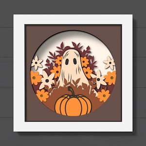 3D 不気味なゴースト パンプキン SVG、ハロウィーン シャドー ボックス、秋のシャドー ボックス、3D 秋の葉、3D 花 SVG、レイヤー ペーパーカット SVG、クリカット、シルエット