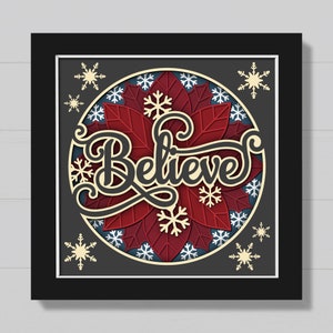 3D Believe Christmas Shadow Box Svg, poinsettia Shadow Box Svg, neige, Svg fleur, papier découpé en couches d'hiver, pour Cricut, Silhouette