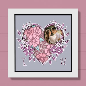 3D Floral Heart Shadow Box Svg, Niestandardowe zdjęcie Svg, Para Shadow Box, Ślubny Warstwowy Papier Svg, Kocham Cię Svg, Pliki Dla Cricut
