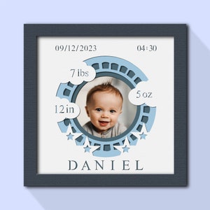 Statistiques bébé 3D Shadow Box Svg, Shadow Box naissance bébé, nom personnalisé SVG, Photo de bébé 3D, Shower de bébé Shadow Box Svg, nom de bébé signe Svg, cadre