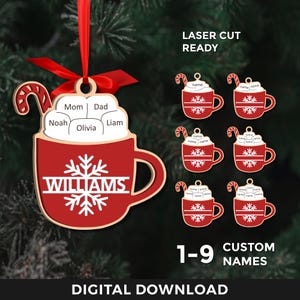 Ornamento di Natale Hot Cocoa Laser Svg, Ornamenti con nome personalizzabili e modificabili, Ornamenti per l'albero di Natale di famiglia, Glowforge, File tagliati al laser