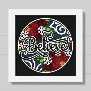 3D Believe Christmas Shadow Box Svg, poinsettia Shadow Box Svg, neige, Svg fleur, papier découpé en couches d'hiver, pour Cricut, Silhouette