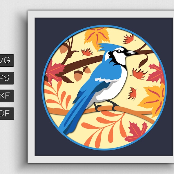 3D Blue Jay Shadow Box Svg, Fall Shadow Box, Bird Shadow box, Fall Leaves Svg, Layered Cardstock Svg, Svg Files for Cricut, Tree Svg, 3D Svg