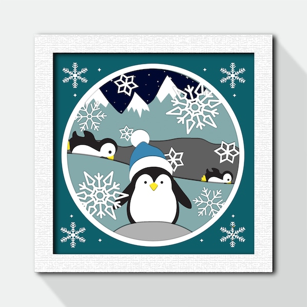 3D Penguins Shadow Box Svg, Winter Shadow Box Svg, Winer Layered Papercut, Penguin Papercraft, Cricut Files, Cardstock Svg, Silhouette Files