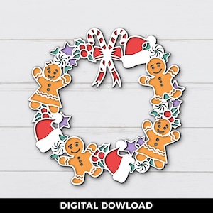3D peperkoek kerstkrans Svg, mandala gelaagde digitale snijbestand, Candy Cookie Svg, kerstmuts ornamenten Svg, Papercut Shadowbox, Cricut