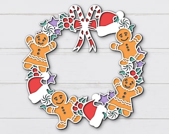3D Gingerbread Christmas Wreath Svg, Mandala Layered Digital Cut File, Candy Cookie Svg, Santa Hat Ornaments Svg, Papercut Shadowbox, Cricut