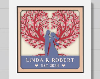 3D Customizable Wedding Tree Shadow Box, Custom Name Svg, Couple Shadow Box, Valentine's Day Heart Box, Established Date Gift, For Cricut