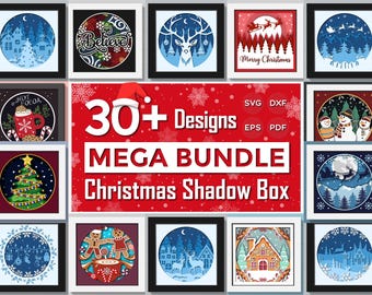 3D Christmas Shadow Box Mega Bundle, 30 Plus Designs, Winter Shadow Box Svg, Santa Reindeer, Snow Tree Svg, Layered Papercut, For Cricut