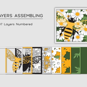 May include: A layered papercraft design of a bee in a field of daisies. The design is separated into seven numbered layers, showing how to assemble the craft.
