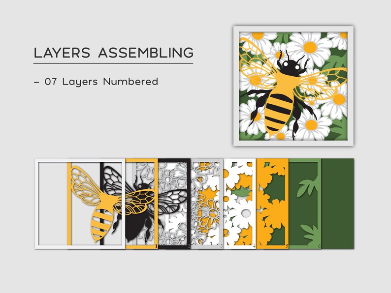 May include: A layered papercraft design of a bee in a field of daisies. The design is separated into seven numbered layers, showing how to assemble the craft.