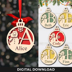 Kerstballen monogram SVG, sneeuwpop SVG, aangepaste naam ornament SVG, boomversieringen met bewerkbare tekst, lasergesneden bestanden, Glowforge, Cricut