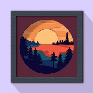 Mountain Sunset Shadow Box Svg, 3D Landscape Layered, 3d Ocean svg, 3d sea svg, 3D SVG Shadowbox, Light House 3D, Layered Cardstock