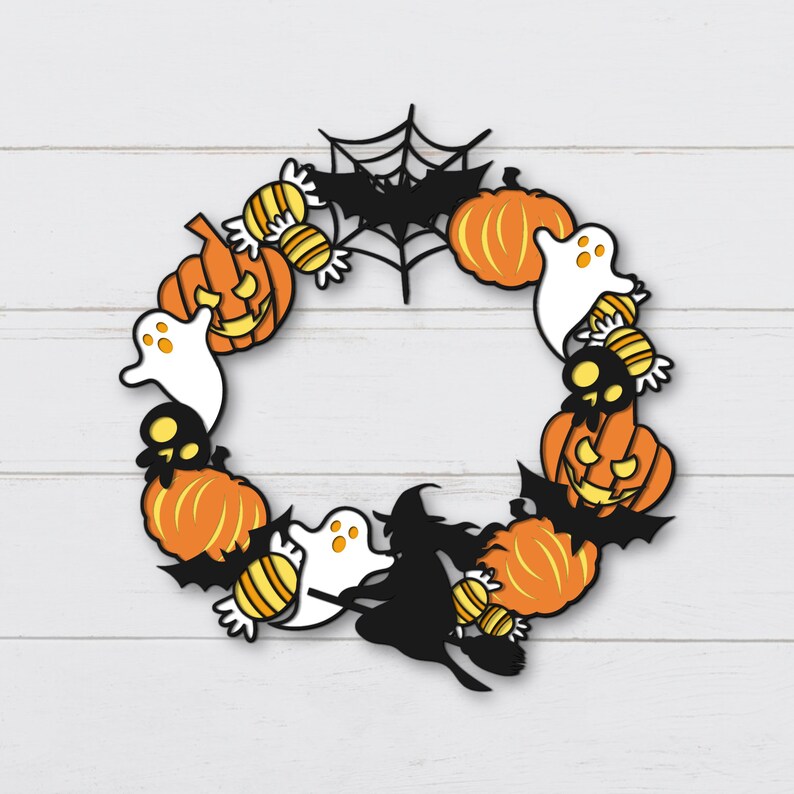 May include: A Halloween wreath with orange pumpkins, black bats, white ghosts, and candy corn. The wreath is decorated with a black spider web.