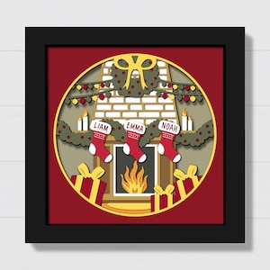 Shadowbox 3D de cheminée de Noël, Svg de cheminée 3D avec des bas, cheminée rustique 3D, Svg d'ombre d'hiver, pour Cricut, Silhouette