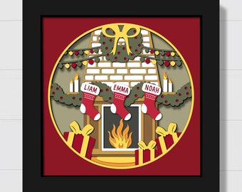 3D Christmas Mantel Shadow Box Svg, 3D Mantel with Stockings Svg, 3D Rustic Fireplace Svg, Winter Shadow Box, For Cricut, Silhouette