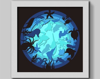 3D 水中シャドウ ボックス SVG、海洋シャドウ ボックス、海中 SVG、3D 水族館レイヤー カット ファイル、3D 海洋 SVG、サメ SVG、サンゴ SVG、海 SVG