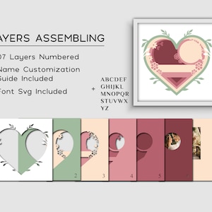 May include: A layered heart design with seven numbered layers, perfect for crafting. The design includes name customization and font SVG. The heart is framed and features floral accents in shades of green, pink, and white. The text "LAYERS ASSEMBLING" is at the top.