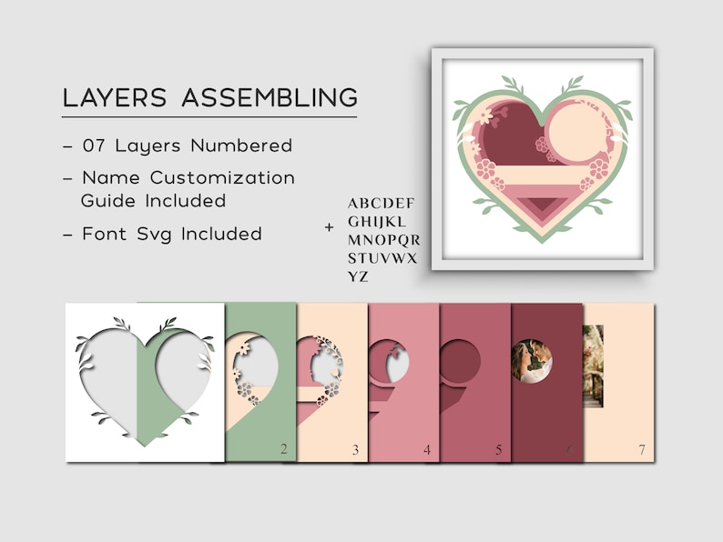 May include: A layered heart design with seven numbered layers, perfect for crafting. The design includes name customization and font SVG. The heart is framed and features floral accents in shades of green, pink, and white. The text "LAYERS ASSEMBLING" is at the top.