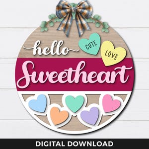 Svg d'accroche-porte Hello chérie, inscription coeurs conversation, coeurs en bonbon, décoration ronde pour porte d'entrée, bienvenue pour la Saint-Valentin, Glowforge, découpé au laser
