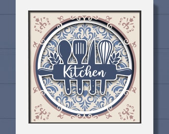 3D Kitchen Shadow Box Svg, Cooking Shadow Box, Vintage Kitchen Decor, Culinary Svg, Floral Mandala, Layered Cardstock Papercut, For Cricut