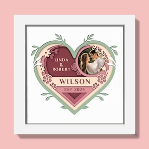 3D Dostosowywalny Ślubny Cień Box Svg, Niestandardowa Nazwa Svg, Para Cień Box, Ślubny Warstwowy Papier Svg, Serce 3D SVG, Pliki Dla Cricut