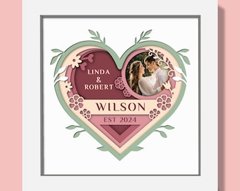 3D Customizable Wedding Shadow Box Svg, Custom Name Svg, Couple Shadow Box, Wedding Layered Papercut Svg, Heart 3D SVG, Files For Cricut