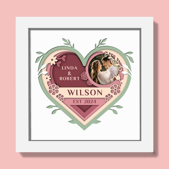 3D Customizable Wedding Shadow Box Svg, Custom Name Svg, Couple Shadow Box, Wedding Layered Papercut Svg, Heart 3D SVG, Files For Cricut
